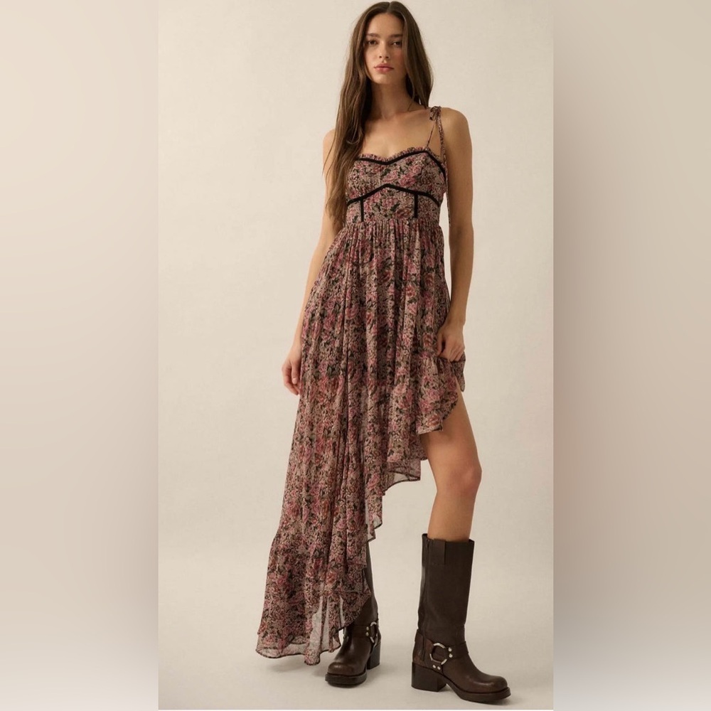Promesa Floral Winds Asymmetrical Chiffon Maxi Dress